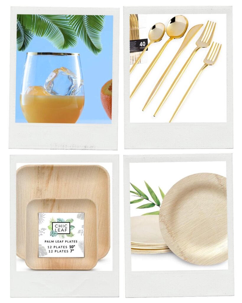 party prep easy with disposable bamboo plates and plastic gold utensils so cute so chic